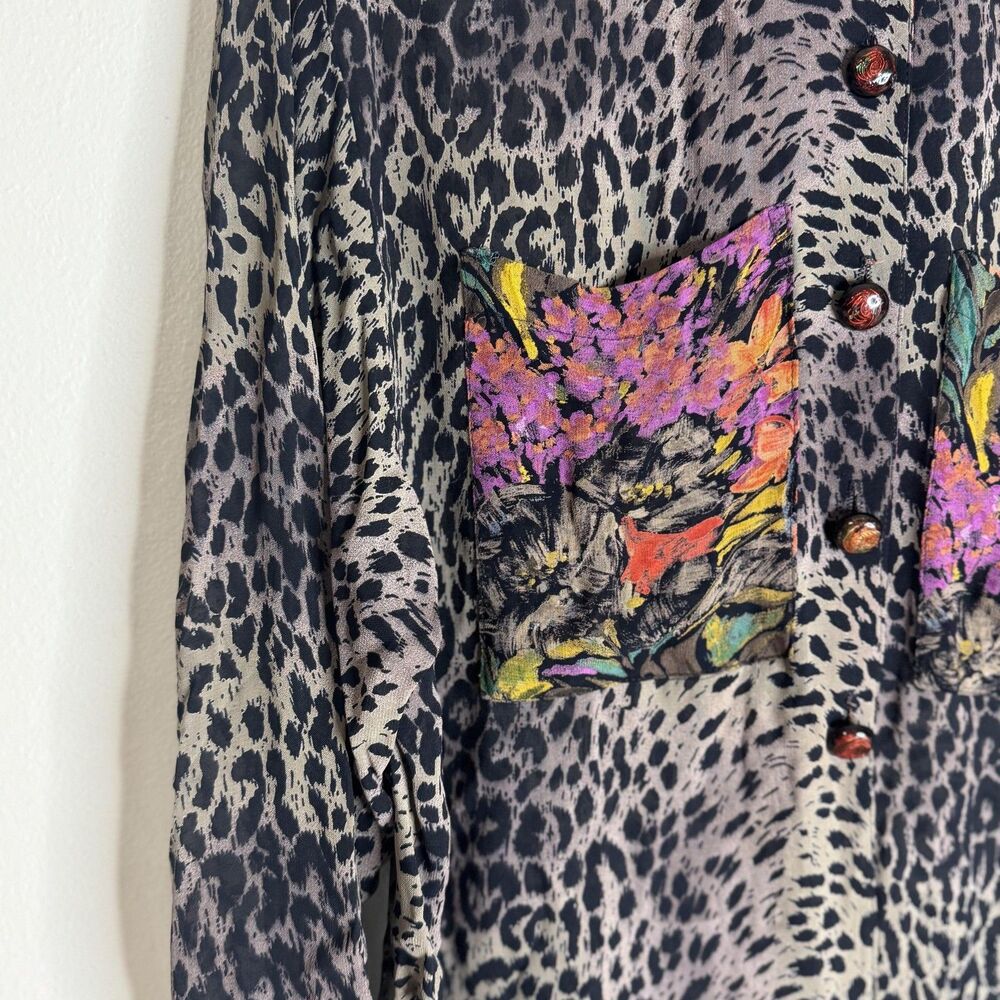 Vintage Dorothy Schoelen Shirt Womens medium Animal Print Floral Sheer 90s - Picture 2 of 13